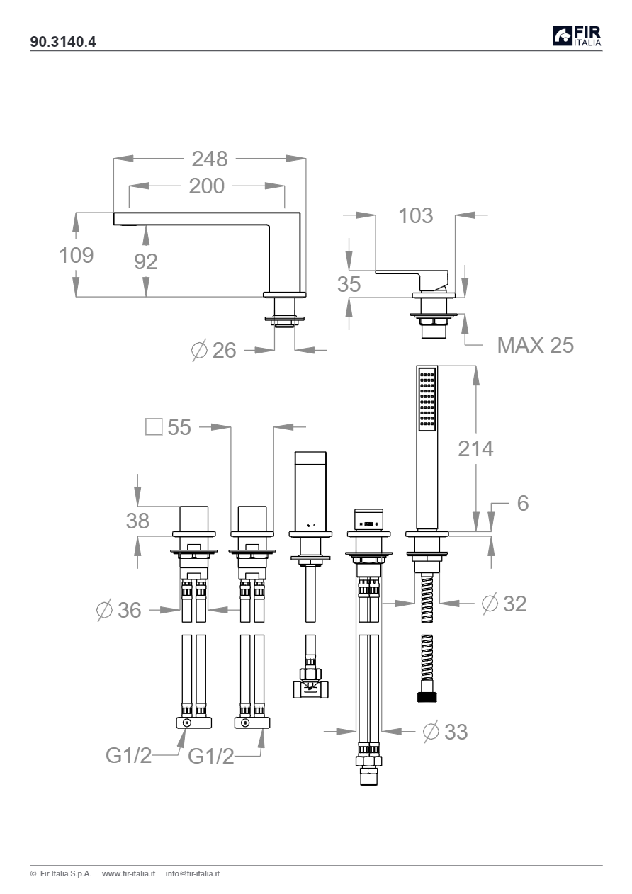 Rubinetto Per Vasca Con Doccetta Estraibile - Cromato, 3 Fori, Con Miscelatore Acqua Calda/Fredda