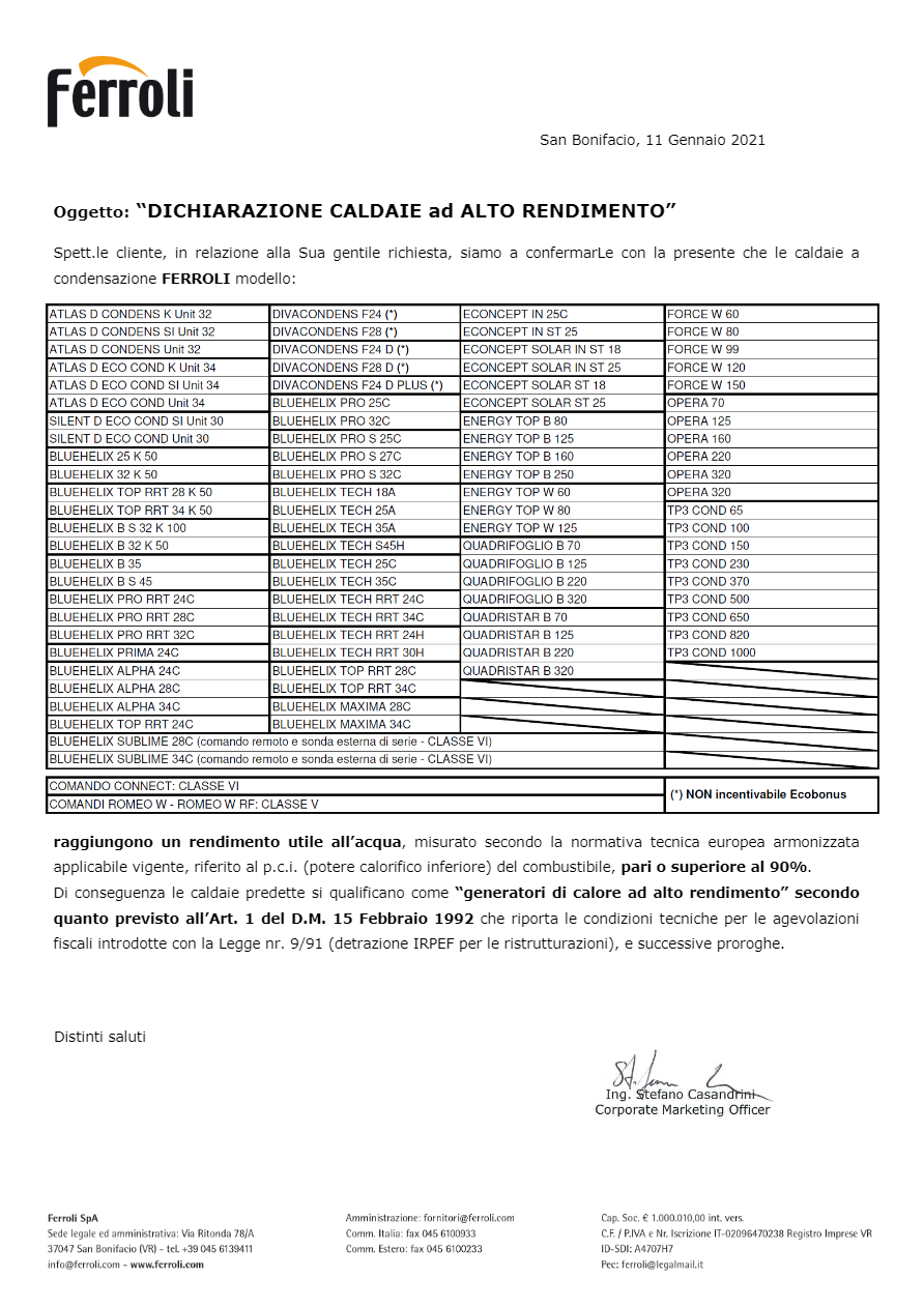 DICHIARAZIONE CALDAIE AD ALTO RENDIMENTO