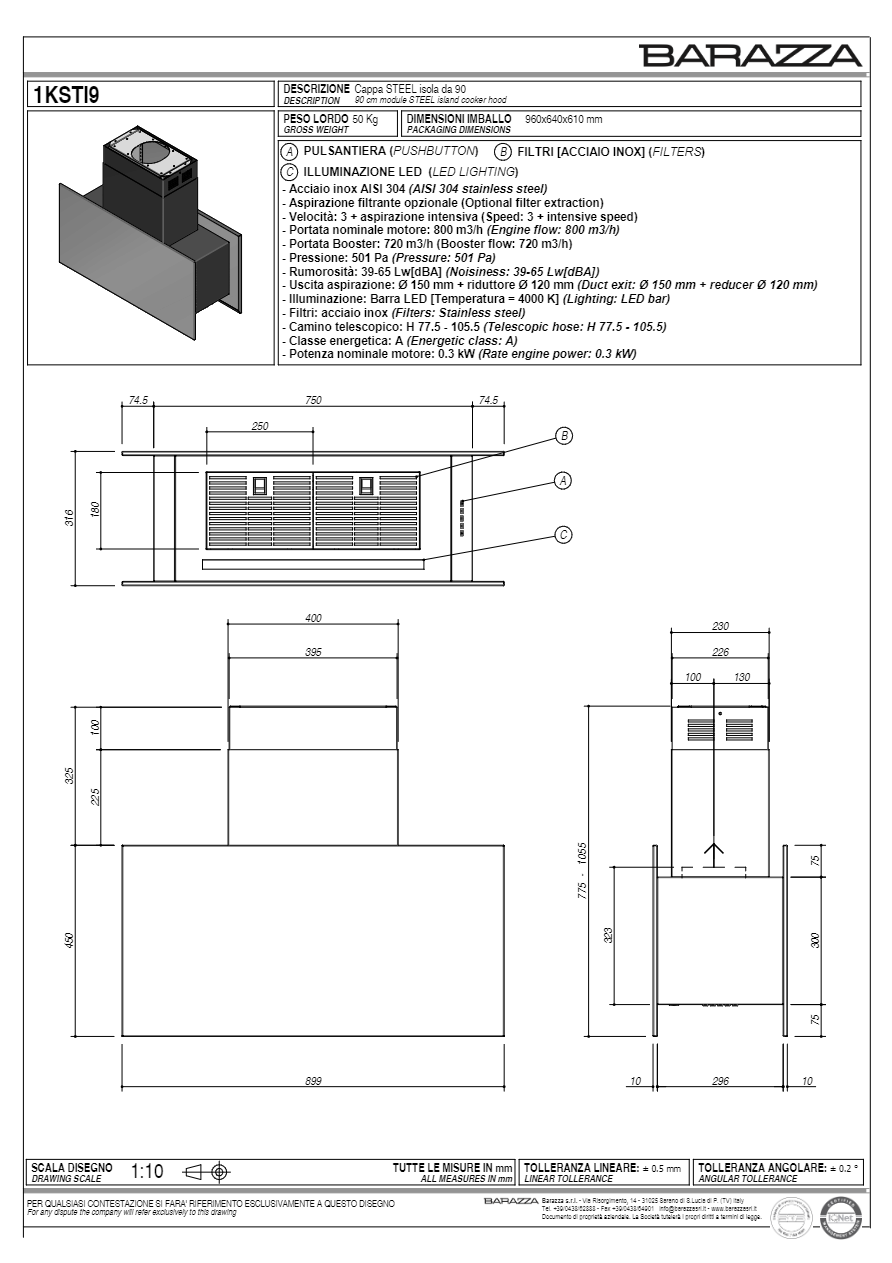 STEEL 1KSTI9 Stainless steel island hood with integrated lighting By