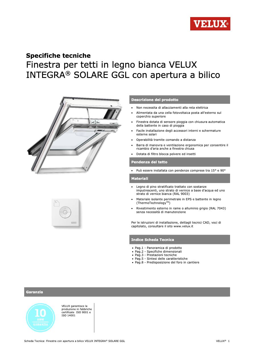Catalogo Velux - Scheda tecnica GGL legno bianca INTEGRA SOLARE