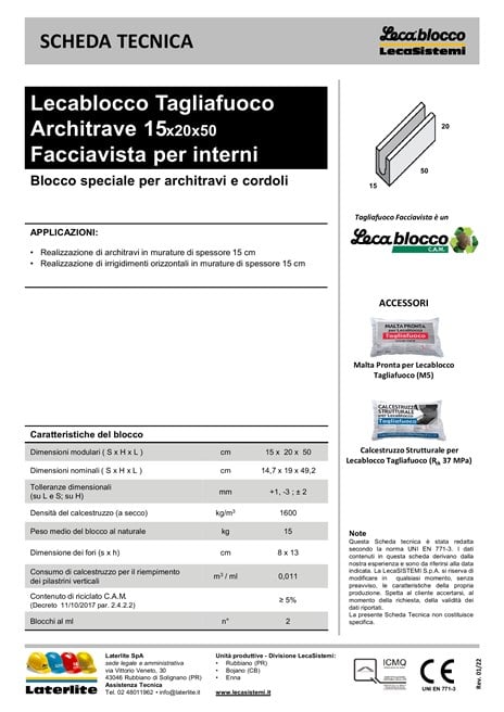 Architrave Tagliafuoco Facciavista A15x20x50