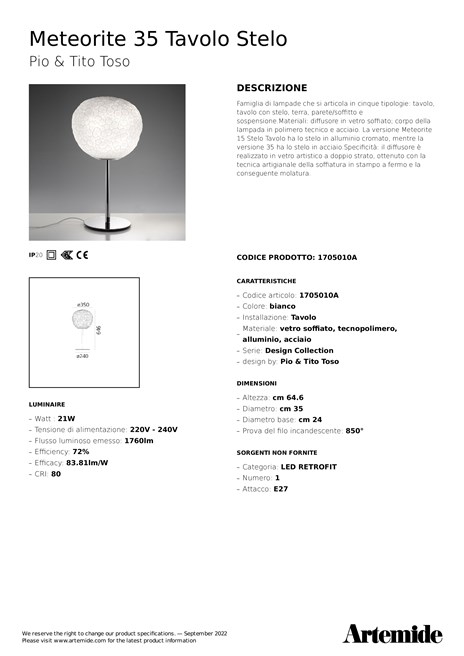 Artemide Meteorite Tischlampe - Weiß, Höhe 35 Cm, Modernes Design