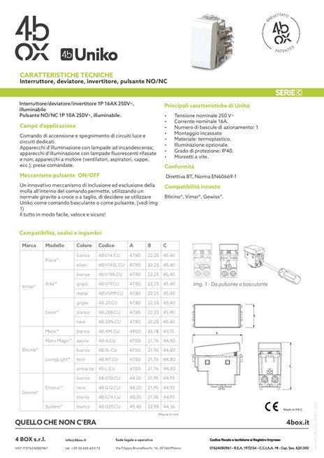 Catalogo CARATTERISTICHE TECNICHE UNIKO