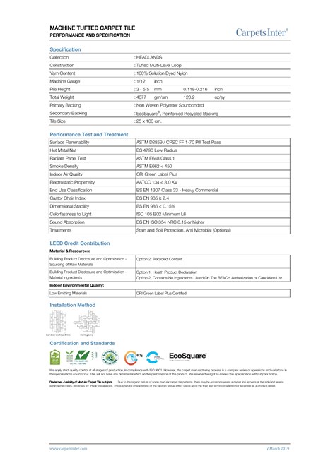 Catalogo Carpets Inter - HEADLANDS - technical specifications (en)