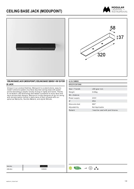 Catalogo Ceiling base jack Modupoint Ceiling base 320x58 1 10V GI for 2x jack (en)