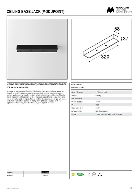 Catalogo Ceiling base jack Modupoint Ceiling base 320x58 Tre dim GI for 2x jack warm dim (en)