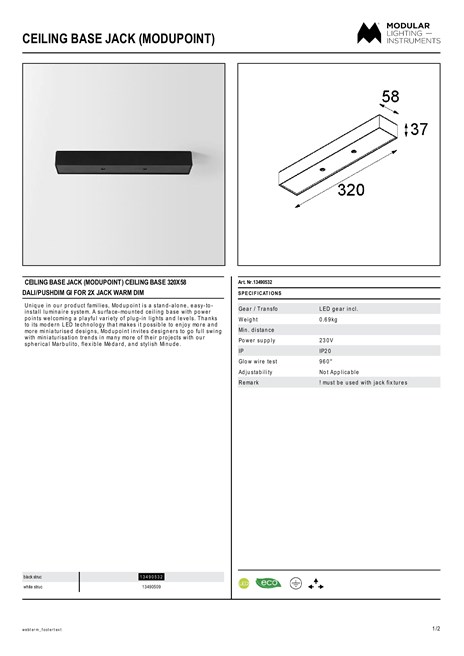 Catalogo Ceiling base jack Modupoint Ceiling base 320x58 dali pushdim GI for 2x jack warm dim (en)