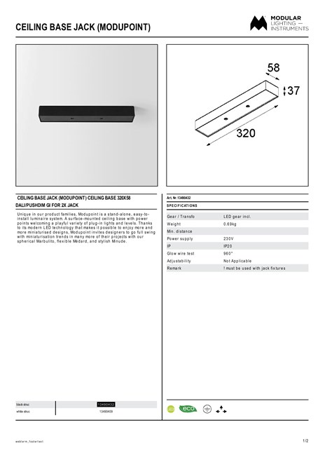 Catalogo Ceiling base jack Modupoint Ceiling base 320x58 dali pushdim GI for 2x jack (en)