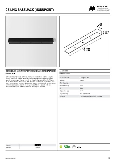 Catalogo Ceiling base jack Modupoint Ceiling base 420x58 casambi GI for 3x jack (en)
