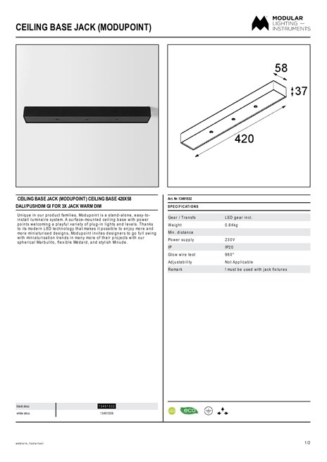 Catalogo Ceiling base jack Modupoint Ceiling base 420x58 dali pushdim GI for 3x jack warm dim (en)