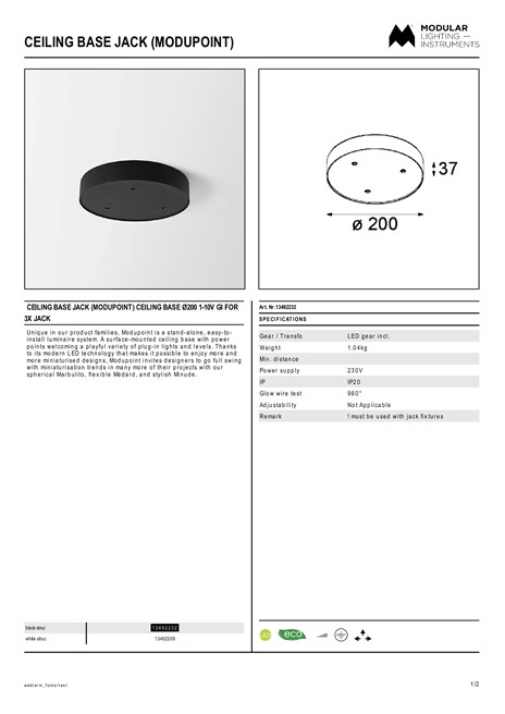 Catalogo Ceiling base jack Modupoint Ceiling base ø200 1 10V GI for 3x jack (en)