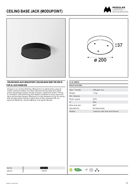 Catalogo Ceiling base jack Modupoint Ceiling base ø200 Tre dim GI for 3x jack warm dim (en)