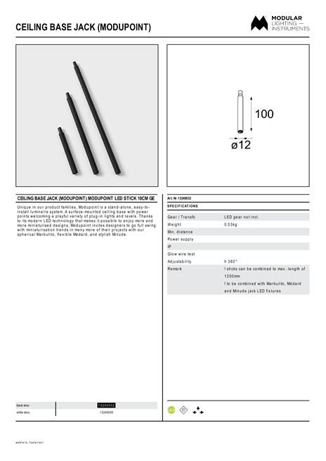 Catalogo Ceiling base jack Modupoint Modupoint LED stick 10cm GE (en)