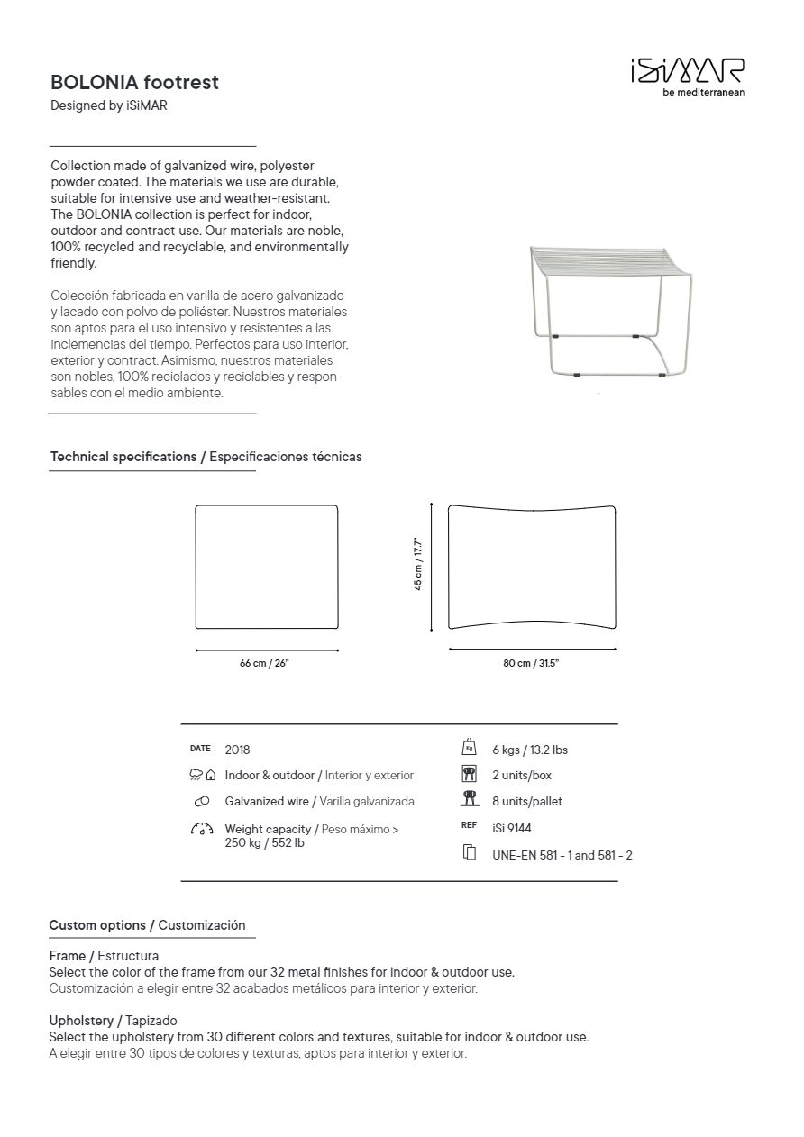 Bolonia Footrest - Scheda tecnica (en, es)