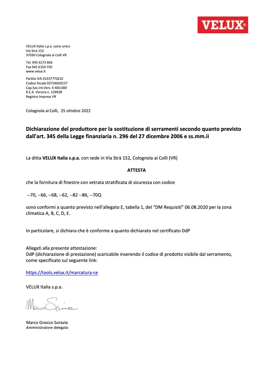 Velux - Dichiarazione produttore zona climatica ABCDE