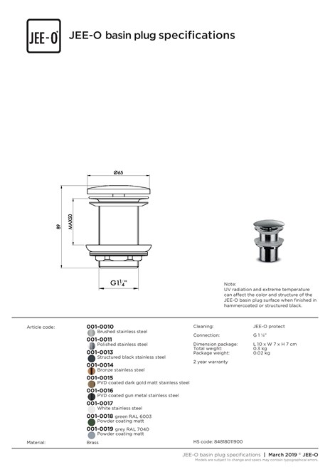 JEE-O basin plug specifications