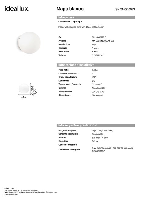 Lampada da Parete Mapa Bianco AP1 D15 Ideal Lux moderna e compatta