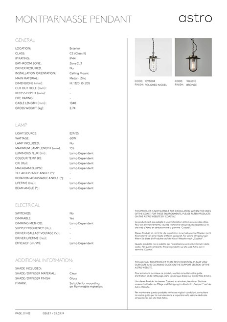 MONTPARNASSE Lámpara colgante de zinc con dimmer By Astro Lighting