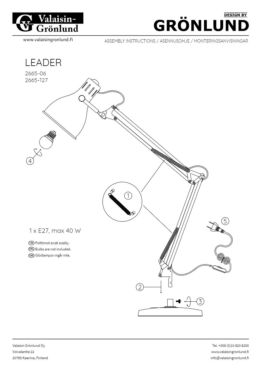 Table Lamp Assembly LEADER TABLE LAMP Lampe de table By Valaisin Grönlund