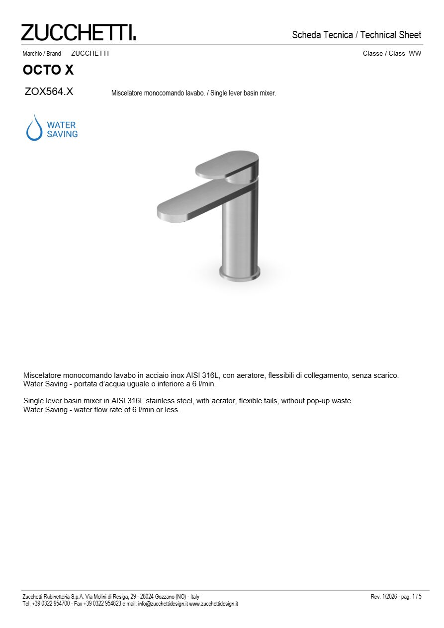 OCTO X ZOX564.X Countertop single handle stainless steel washbasin