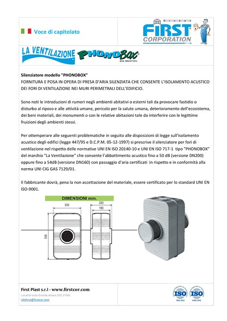 VOCI DI CAPITOLATO - SILENZIATORE ACUSTICO PHONOBOX - mod. PH160