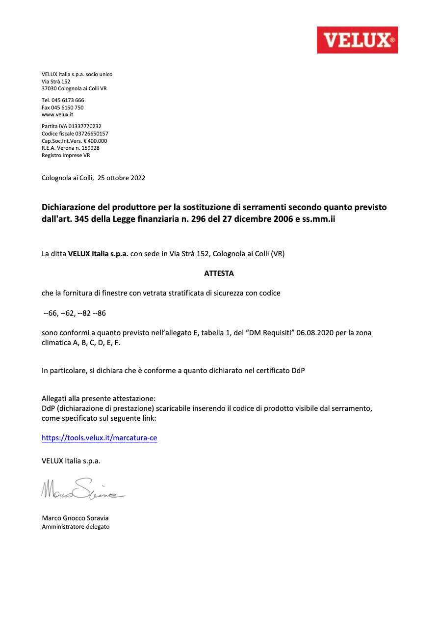 Velux - Dichiarazione produttore zona climatica ABCDEF