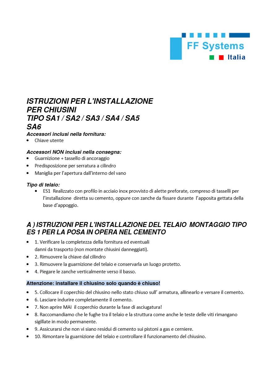 Catalogo ISTRUZIONI PER L'INSTALLAZIONE TIPO SA (it)