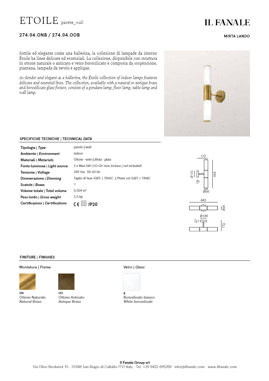 ETOILE 274.04 Brass wall lamp By Il Fanale | design Mirta Lando