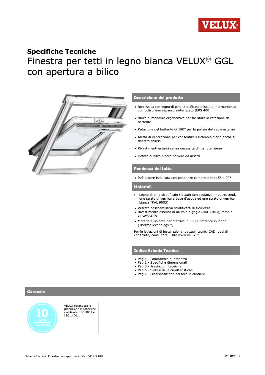 Catalogo Velux - Scheda tecnica GGL legno bianca