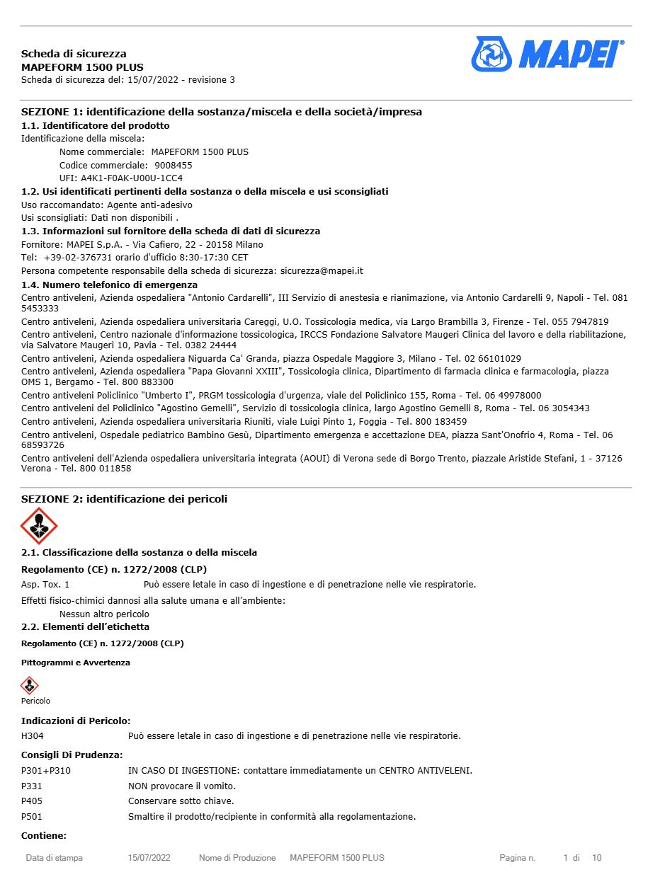 Catalogo Mapeform 1500 Plus - Scheda di sicurezza (it)