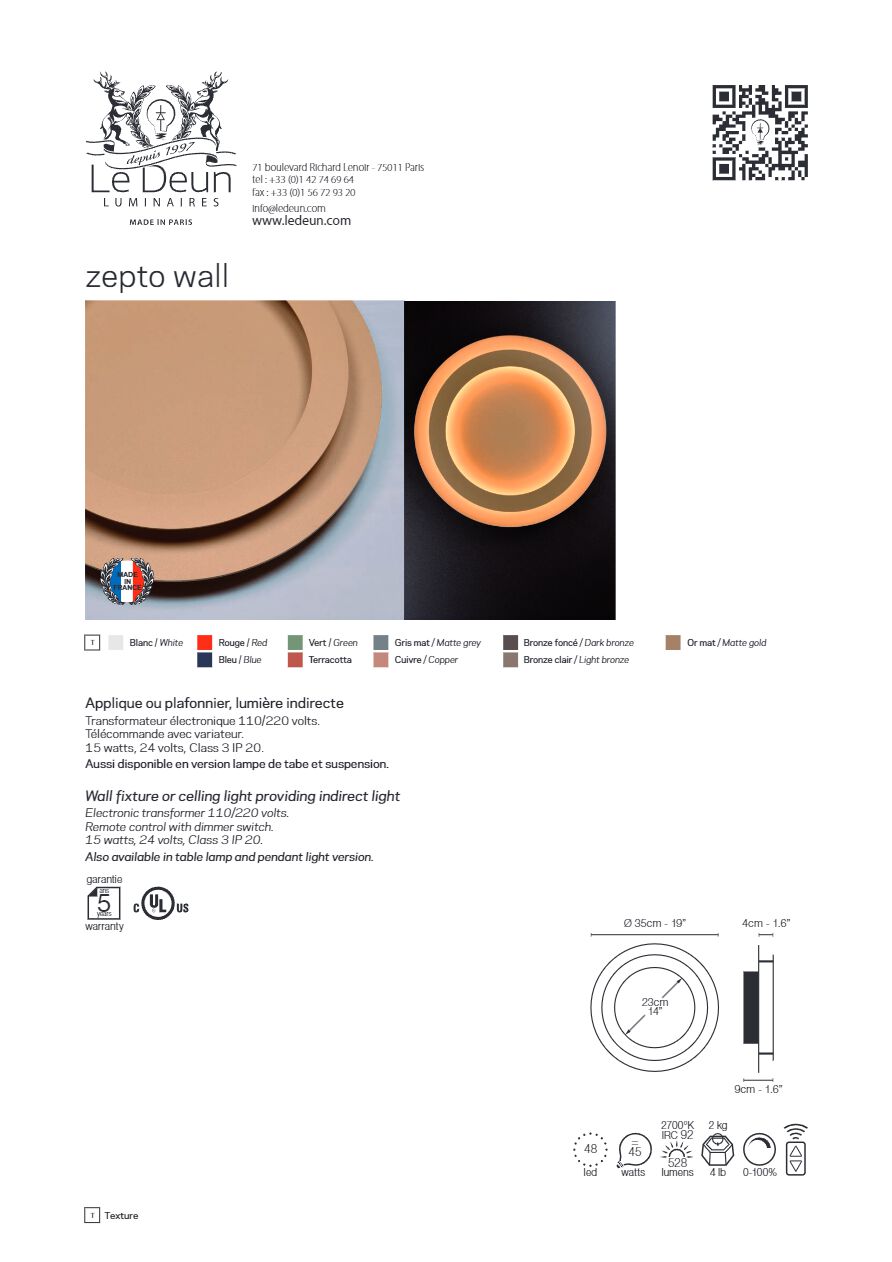 ZEPTO Wall lamp By Le Deun Luminaires