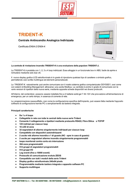 Catalogo Centrale analogica indirizzata "TRIDENT-K"