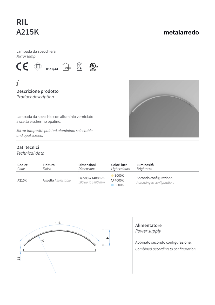 Ril4100 RIL Lampada da parete By Metalarredo